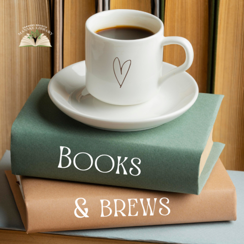 photo of white coffee mug and sauce sitting on a stack of hardcover books with text "Books & Brews"