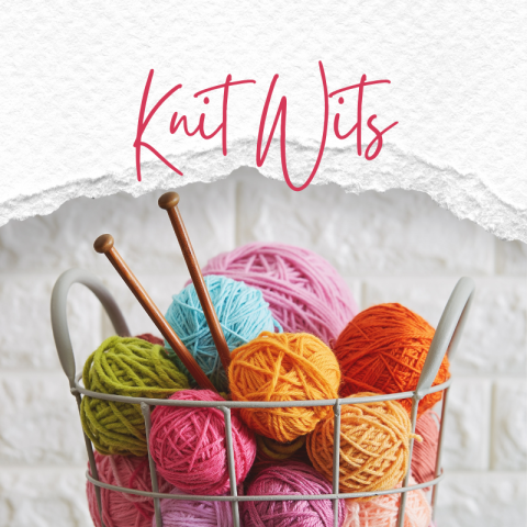 photo of balls of yarn in a wire basket with text Knit Wits