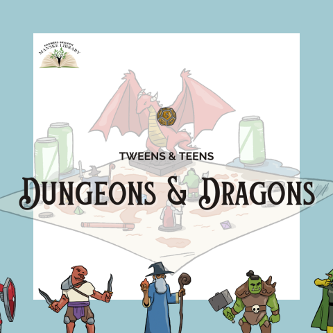 A map, dice, and miniature figures of a dragon, a wizard, an orc, and a halfling represent the exciting world of Dungeons & Dragons.