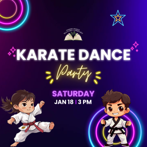 The text "Karate Dance Party" and the event details are clearly visible, along with a festive image of a karate dancer.