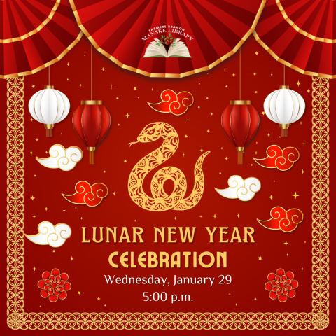 A festive image with a red background, gold lanterns, and a golden snake symbolizing the Chinese zodiac animal for the year.