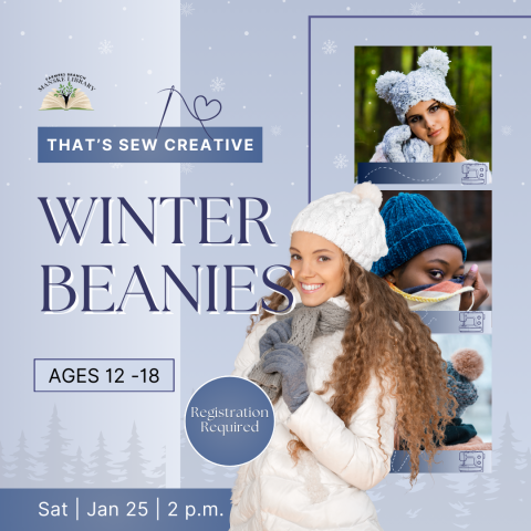 The text "That's Sew Creative: Winter Beanies" and event details are clearly visible, along with a festive image of a winter beanie.