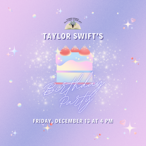 Birthday cake over purple background. Text reads: Taylor Swift's Birthday Party