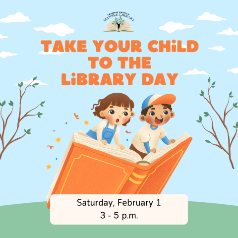 A colorful image promoting "Take Your Child to the Library Day." It features two children excitedly looking out from a giant open book that's flying through the air.