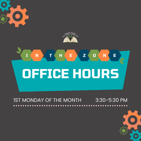 Modern graphic with hexagon and gear designs promoting "In The Zone" at Farmers Branch's Manske Library. Office hours listed: 1st Monday, 3:30-5:30 PM.