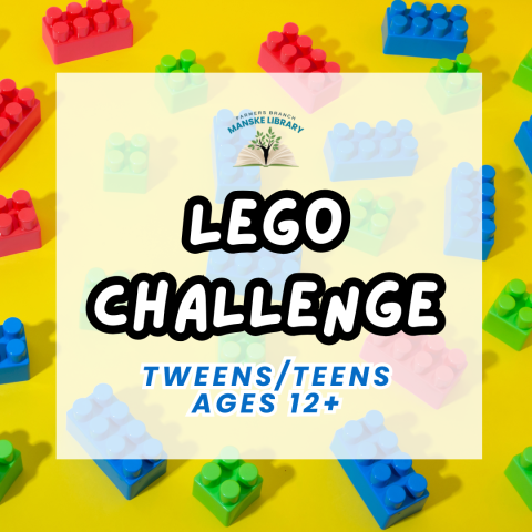 Yellow background featuring scattered colorful LEGO bricks. Text reads "LEGO Challenge" for "Tweens/Teens ages 12+"
