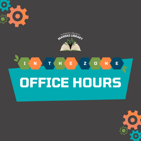 Modern graphic with hexagon and gear designs promoting "In The Zone" at Farmers Branch's Manske Library.