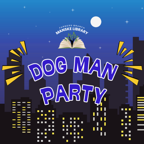 Graphic promoting Dog Man Party on a backdrop of city skyline at night