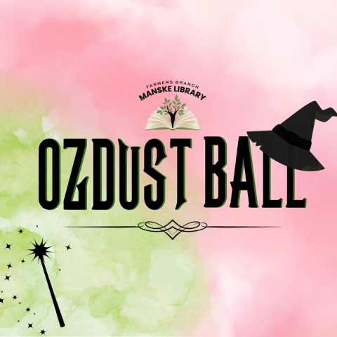 "OzDust Ball" on a green and light pink background with a graphic of a wand and a witch's hat.