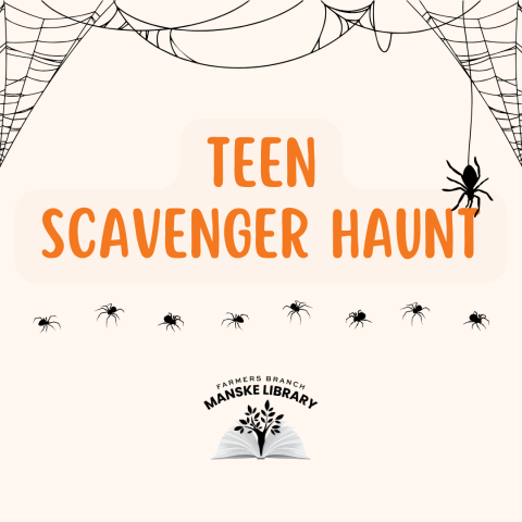 Graphic promoting Teen Scavenger Haunt featuring graphics of spiders and webs.