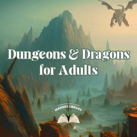 Image of misty mountains with dragon in background promoting "Dungeons & Dragons for Adults"