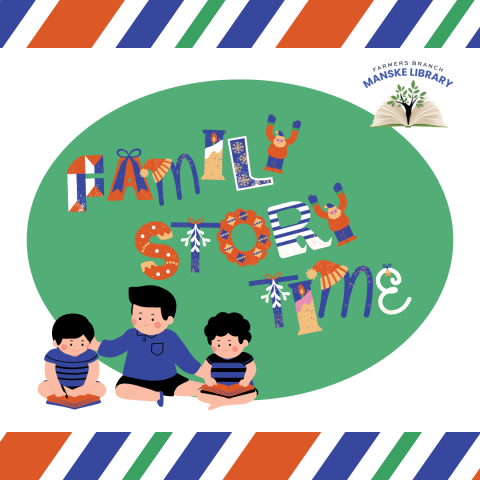 Graphic of a father with his sons reading to promote Family Story Time