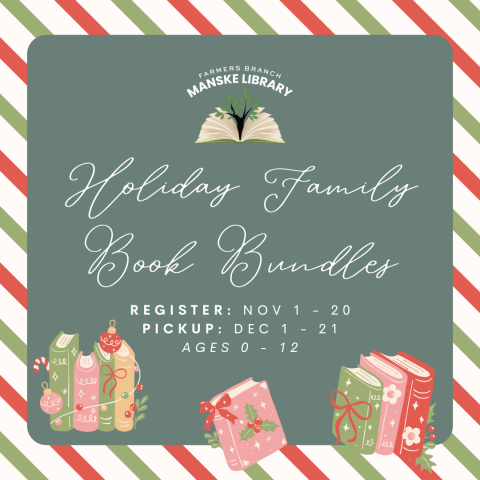 "Holiday Family Book Bundles" on candy strip background featuring graphics of books bundled with holiday lights.
