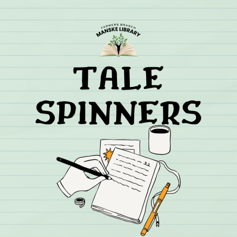 Graphic of pen and paper promoting "Tale Spinners"