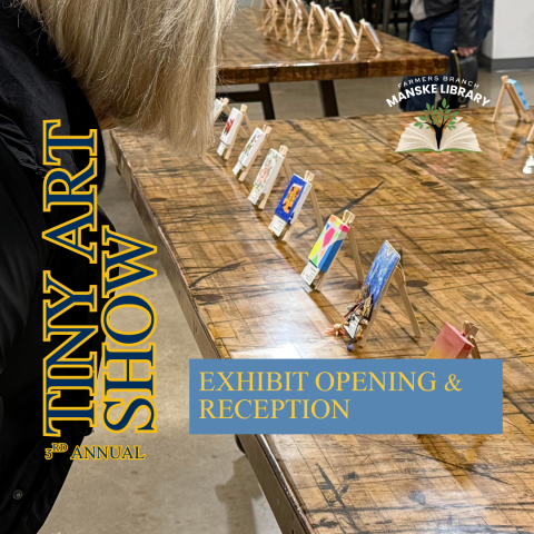"Tiny Art Show Exhibit Opening & Reception" on photo background of mini paintings