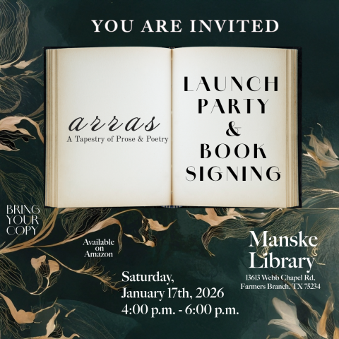 Open book with text: "Arras: Launch Party & Book Signing"