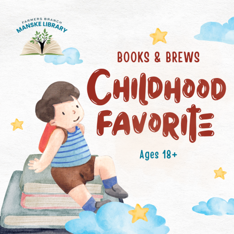 Graphic of a child sitting on a stack of books promoting "Books & Brews: Childhood Favorite"
