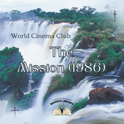 "World Cinema Club: The Mission" on a background of a waterfall.