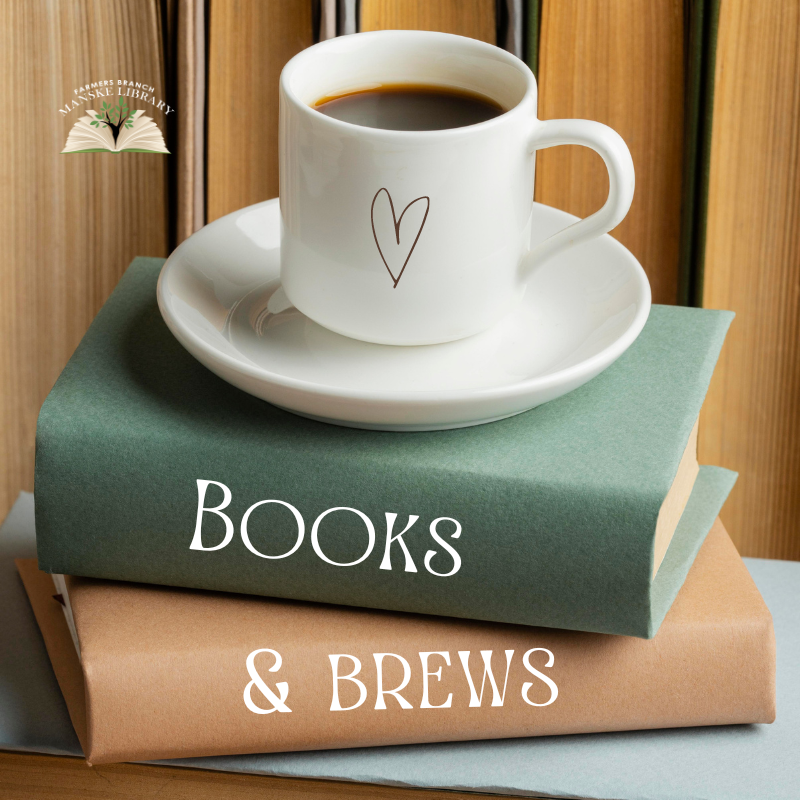 photo of white coffee mug and sauce sitting on a stack of hardcover books with text "Books & Brews"