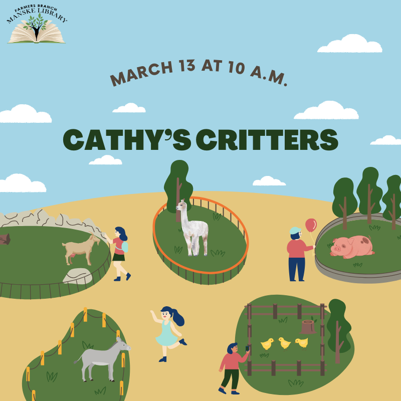 illustration of petting zoo with llama, pig, and goats with text Cathy's Critters