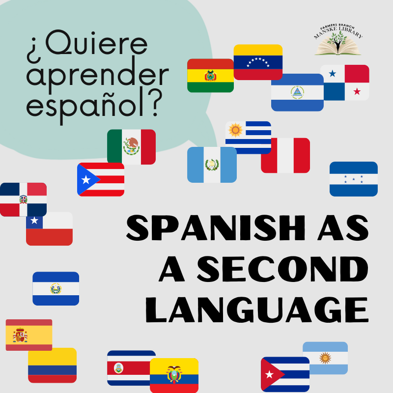 Spanish as a Second Language graphic featuring Latin American flags