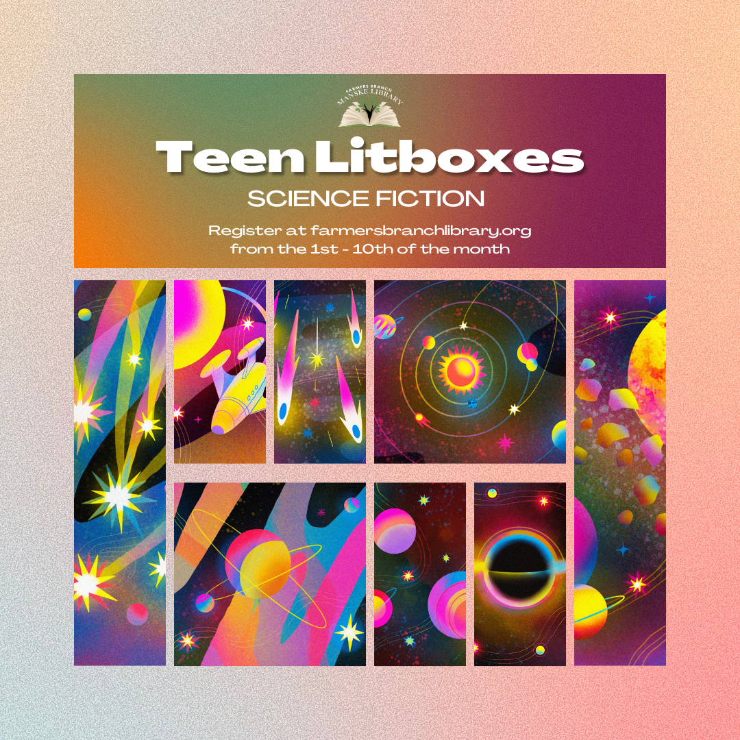 neon psychedelic space illustrations with text "Teen Litboxes: Science Fiction"