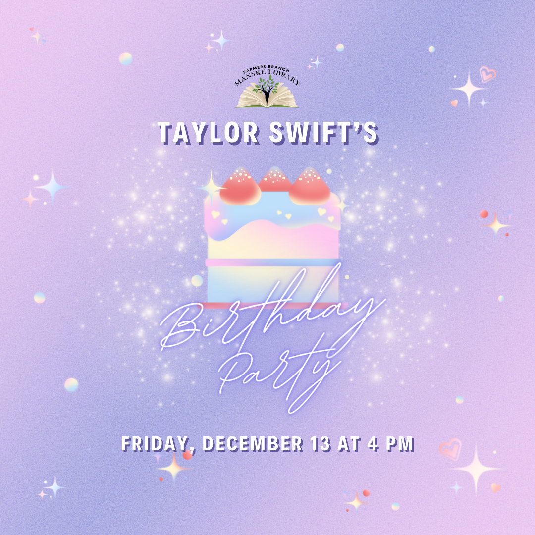 Birthday cake over purple background. Text reads: Taylor Swift's Birthday Party