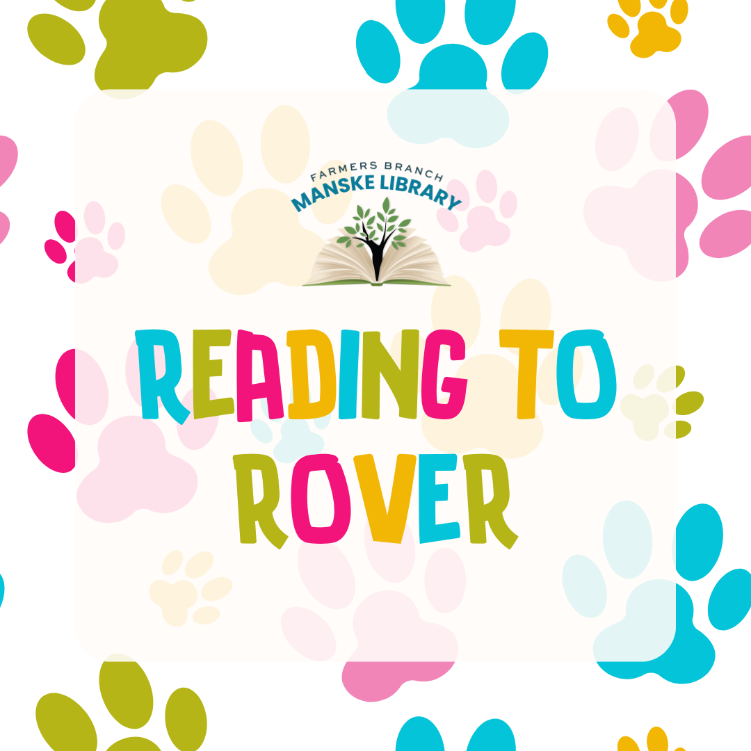 Image promoting "reading to rover" on a background of colorful paw prints.