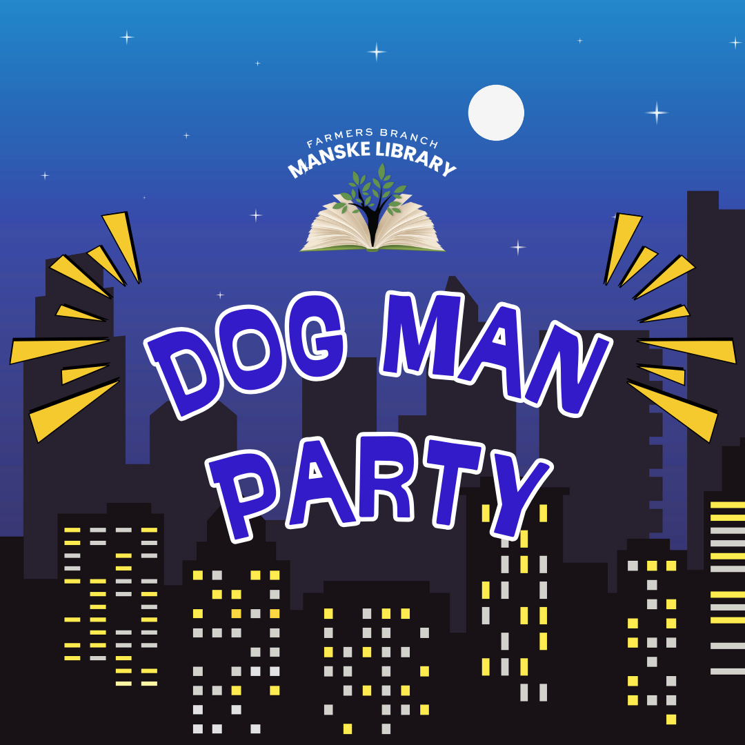 Graphic promoting Dog Man Party on a backdrop of city skyline at night