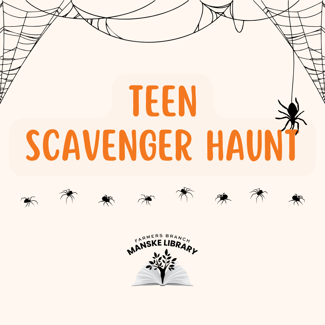 Graphic promoting Teen Scavenger Haunt featuring graphics of spiders and webs.