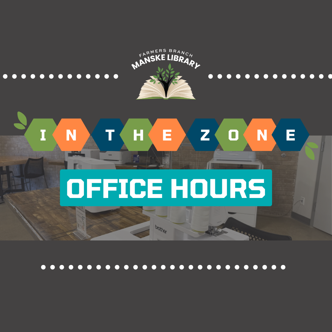 Transparent image of serger and sewing machine with text "in the zone: office hours" over it.