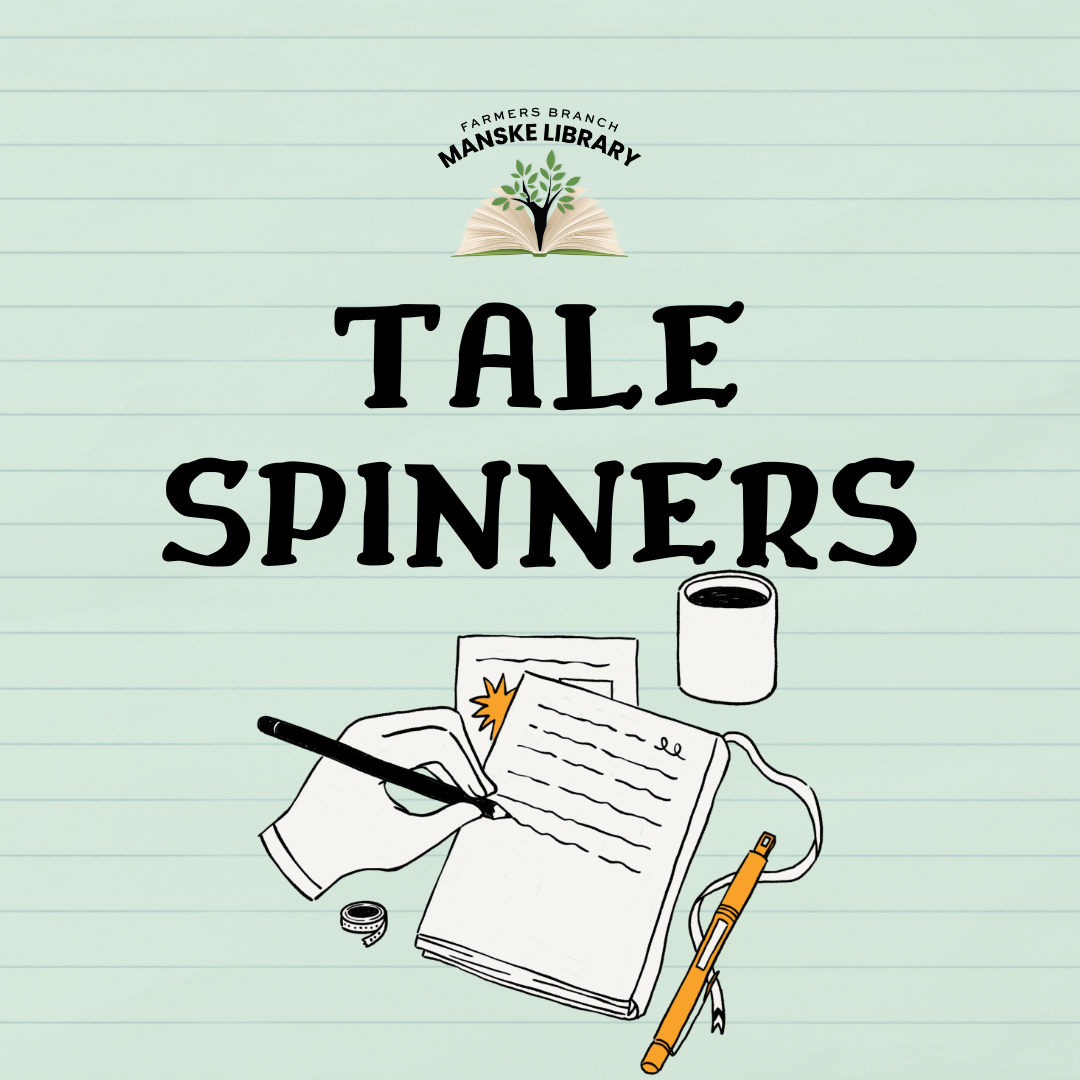 Graphic of pen and paper promoting "Tale Spinners"